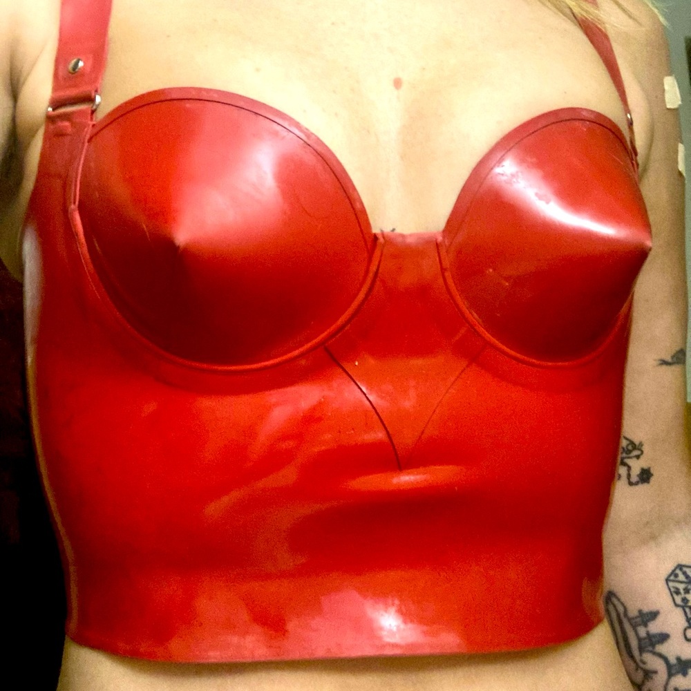 SOLD DO NOT BUY Custom made red Latex Bullet Bra Crop Top